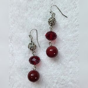 Cranberry Red Beaded Statement Dangle Earrings / Pierced